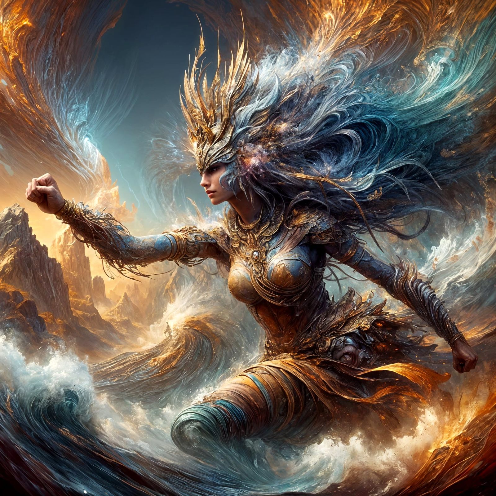 Ethereal Female Warrior Spirit Guide in a Fantastical Hurric...