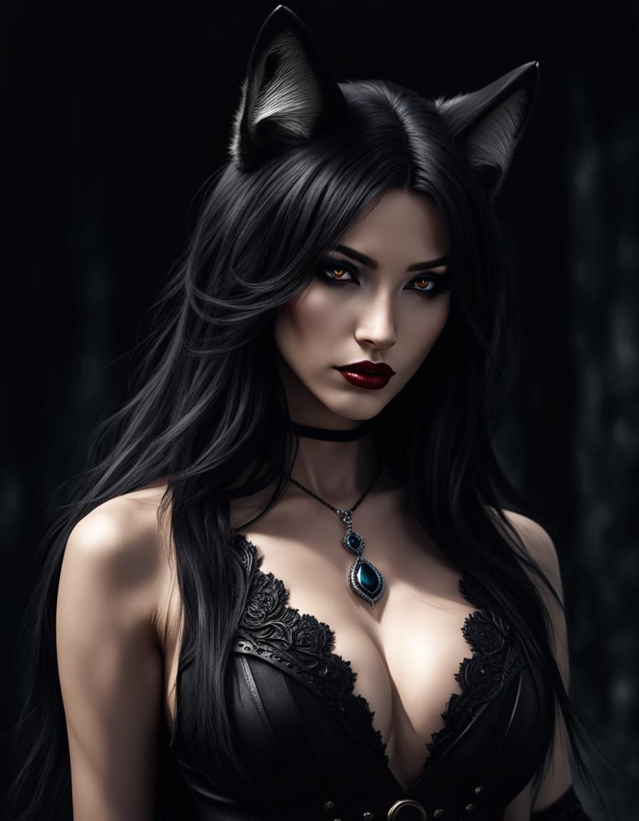 Beautiful Wolf Girl in Gothic Dark Fantasy Style