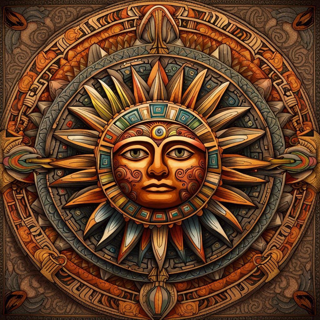 Detailed Aztec Sun Mandala Graphic Illustration