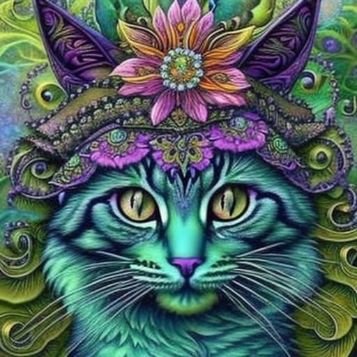 Cat in Flower Hat: A Detailed Fantasy Portrait