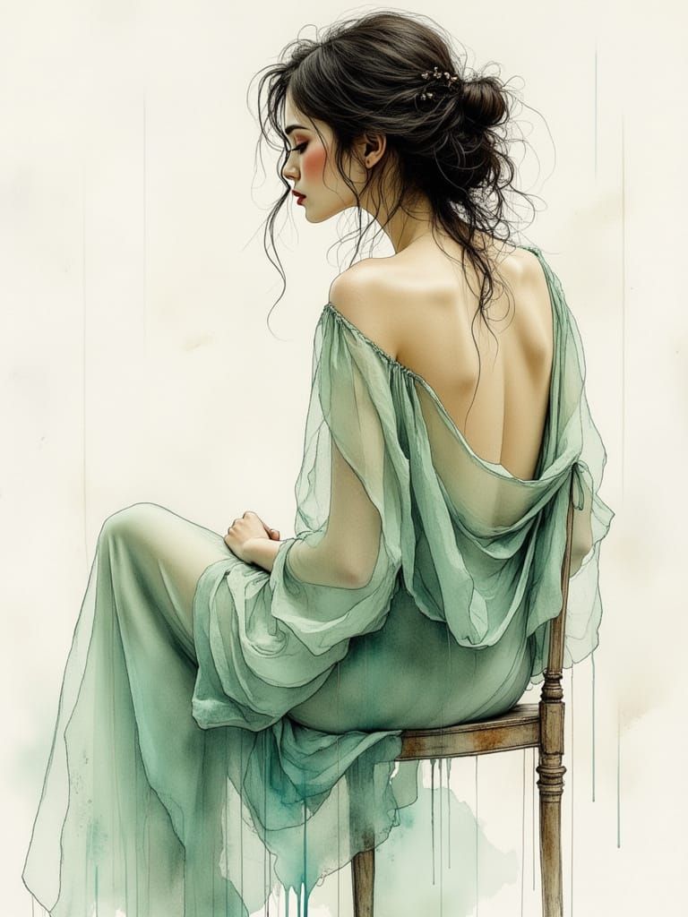 Seated Woman Profile Portrait in Mint Green Gown