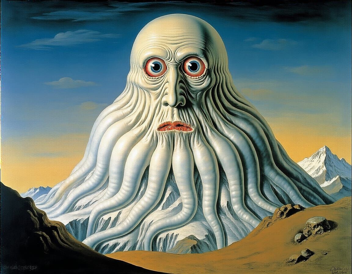 Surreal Homunculus in Mountain Storm, Dali & Miro Inspired