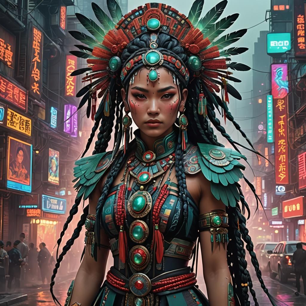 Aztec Woman in Cyberpunk Cityscape: Cel-Shaded Anime Art