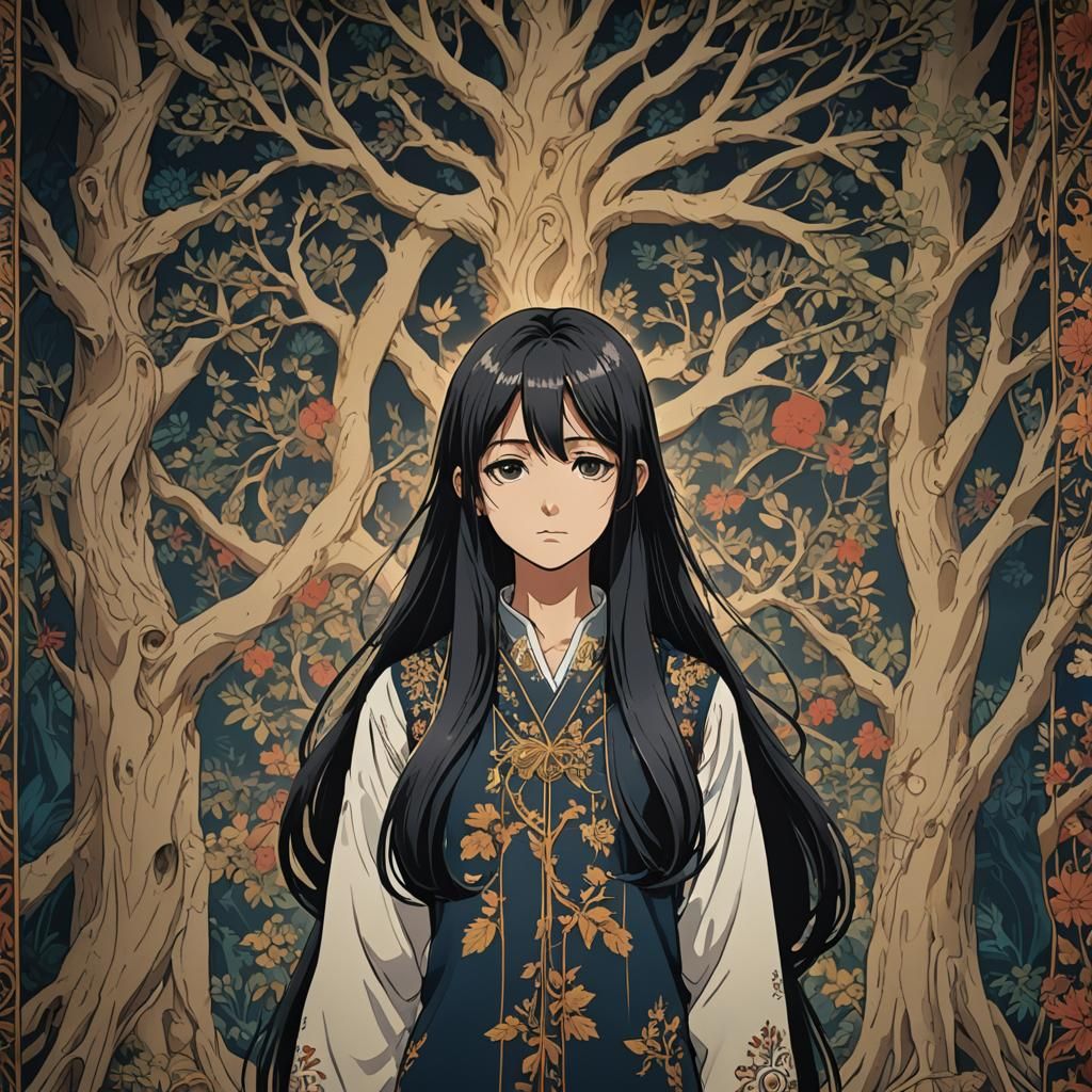 Sad Woman Before Family Tapestry in Anime Style