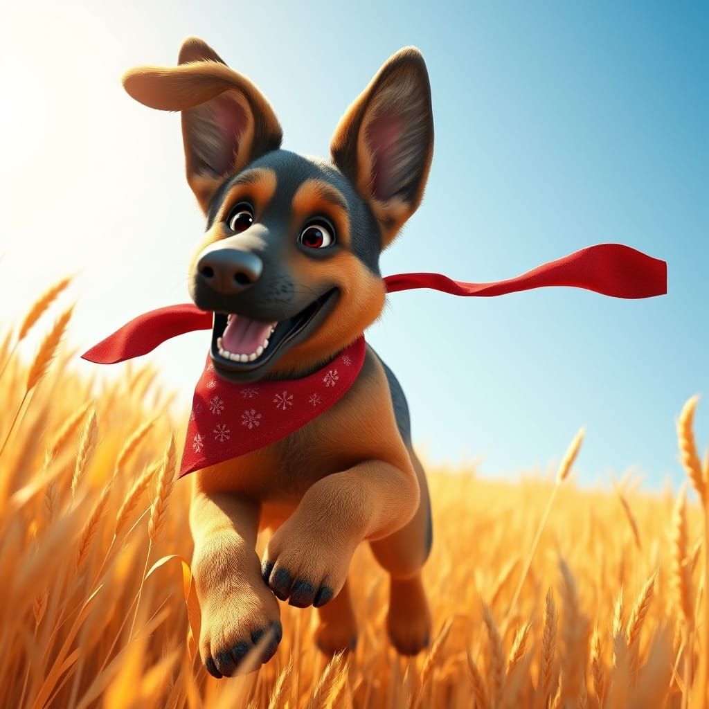 Surreal 3D Cowboy Dog Chases Sunset in Golden Wheat Field
