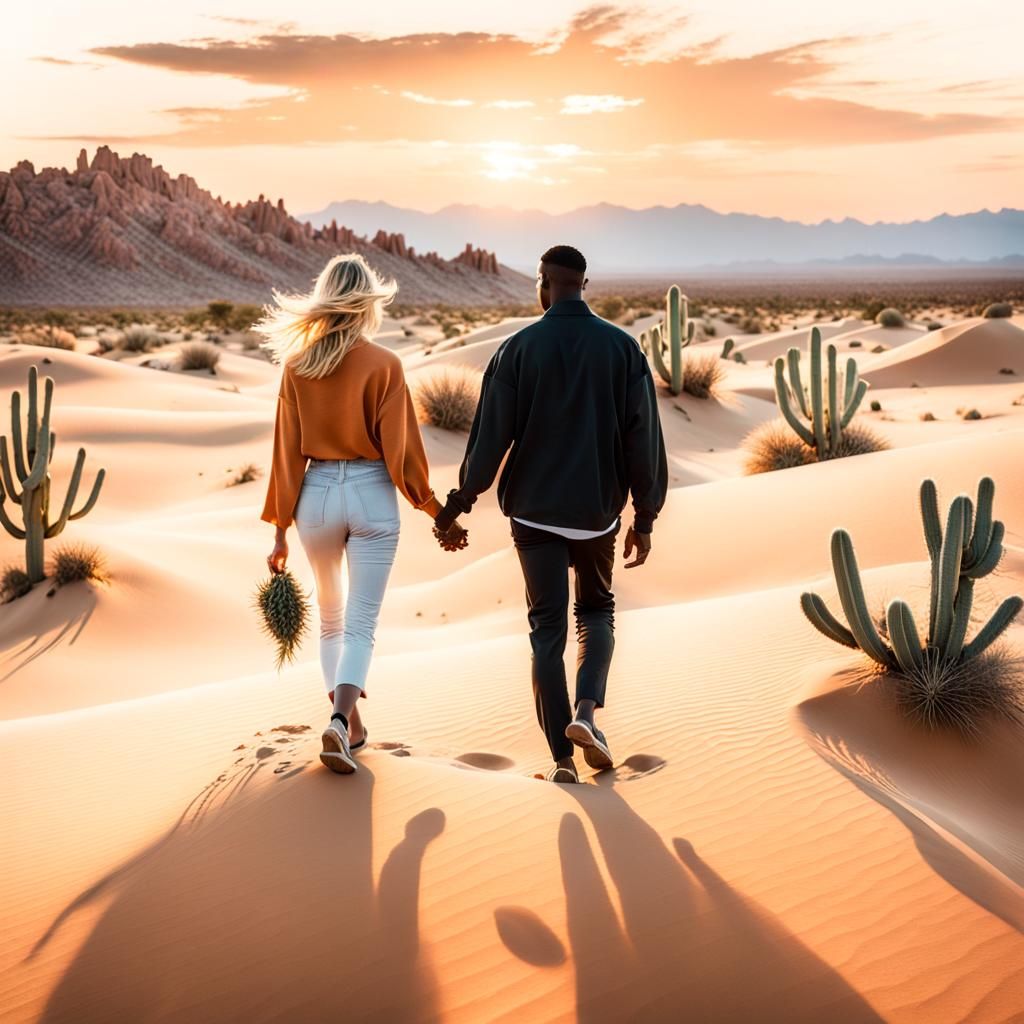 Romantic Desert Walk at Sunset in Soft Light