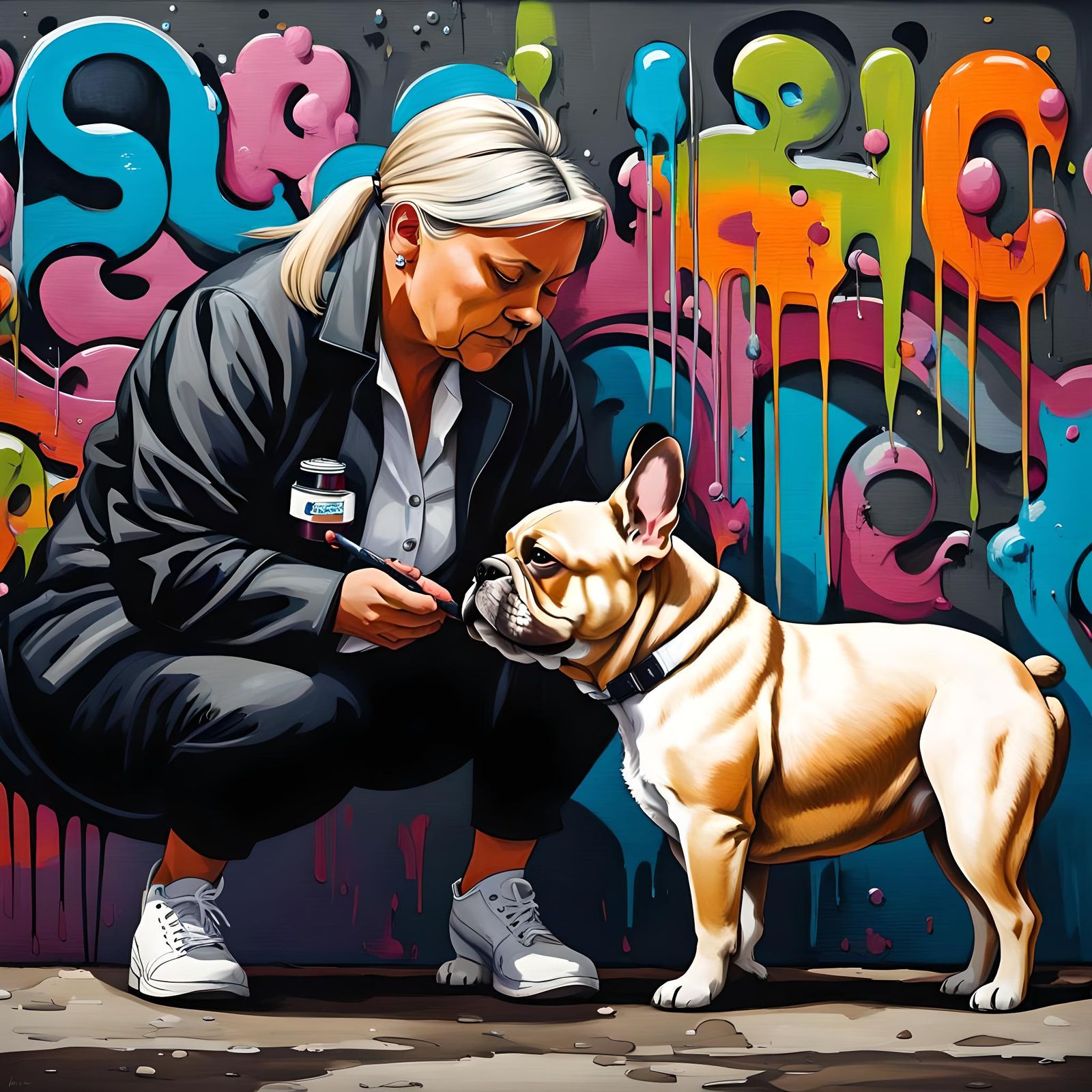 Overweight French Bulldog Examined in Graffiti Art Style