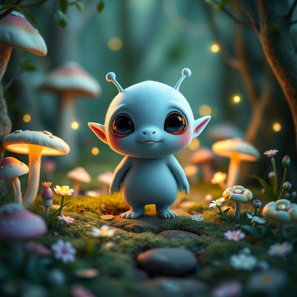 Charming Blue Alien in Dreamy Magical Forest