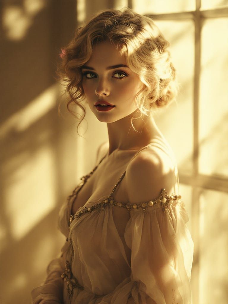 Ethereal Pin-Up Woman in Soft Sepia Tones
