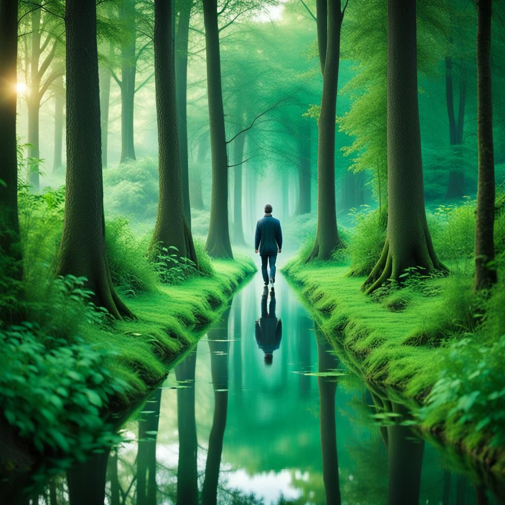 Mystical Forest Pathway with Mirror Reflection