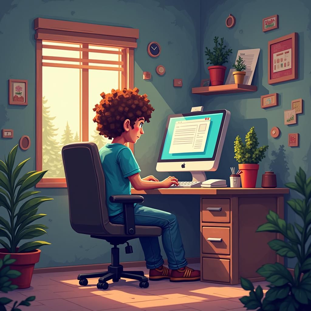 Eight-Bit Pixelated Person Working in Minecraft Office