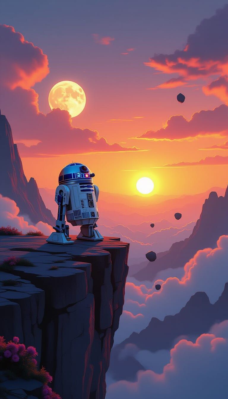 R2-D2 on Alien Planet at Sunset in 8K