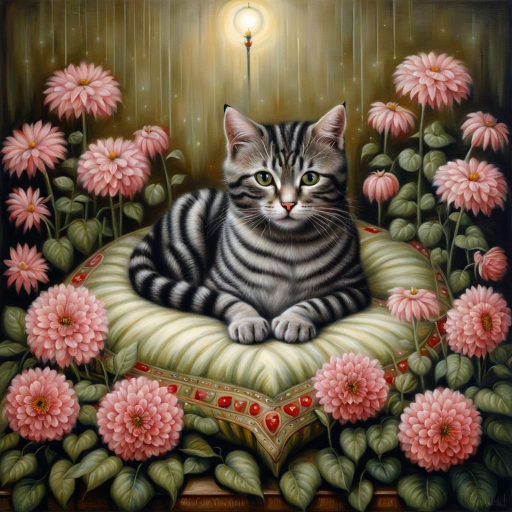 Cat on Pillow Surrounded by Flowers, Surreal Scene