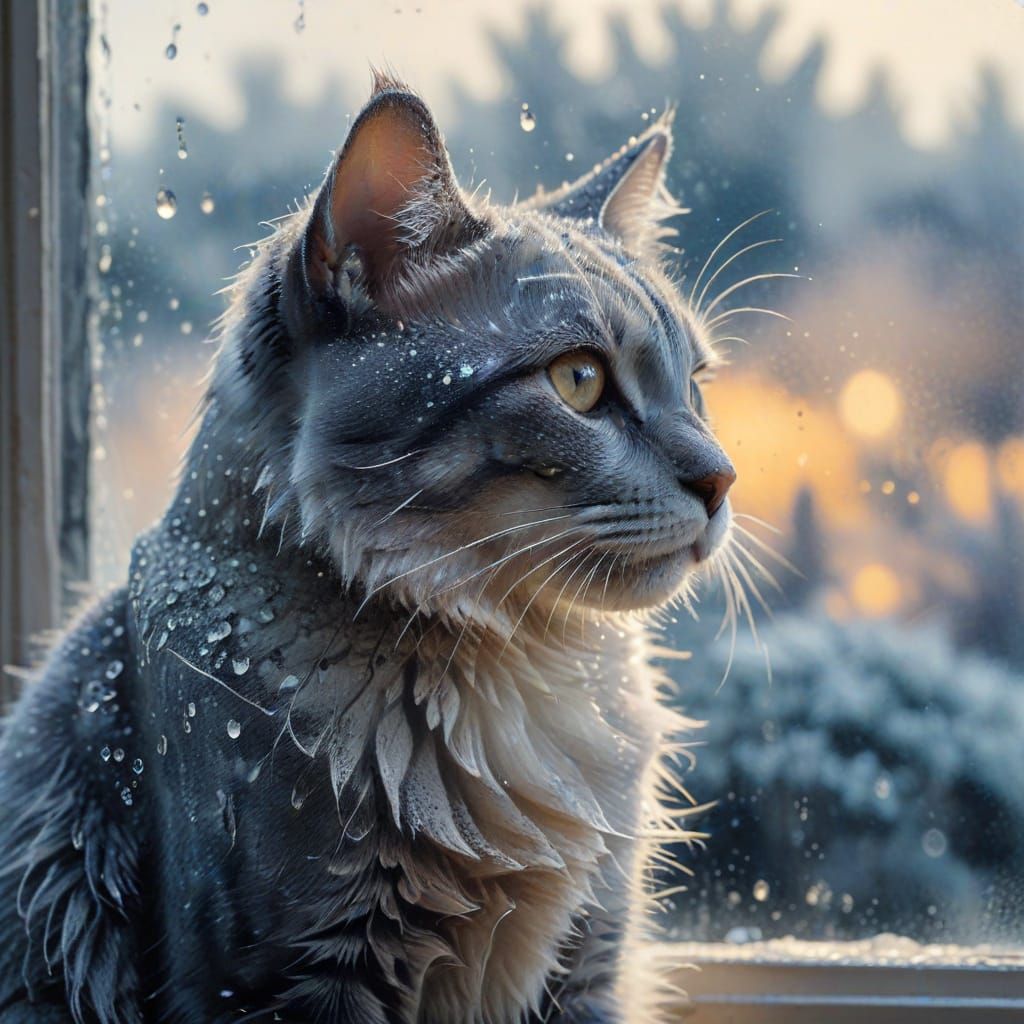 Watercolor Cat Behind Frosty Window with Warm Glow