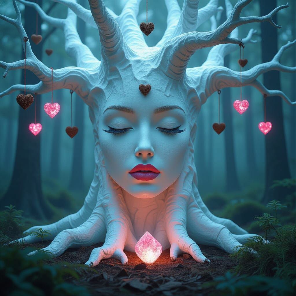 Surreal Kissing Tree with Hearts in Moody Digital Art