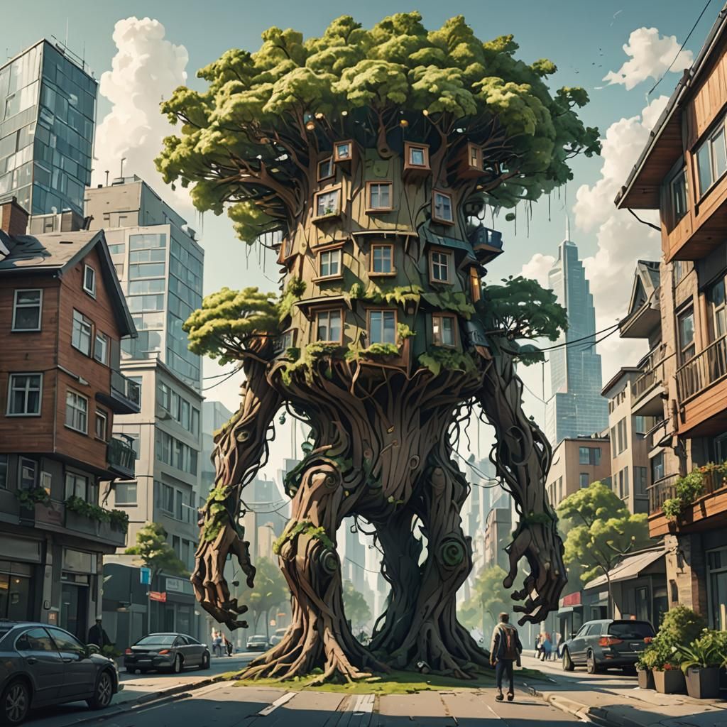 Walking Tree Ent with House in City