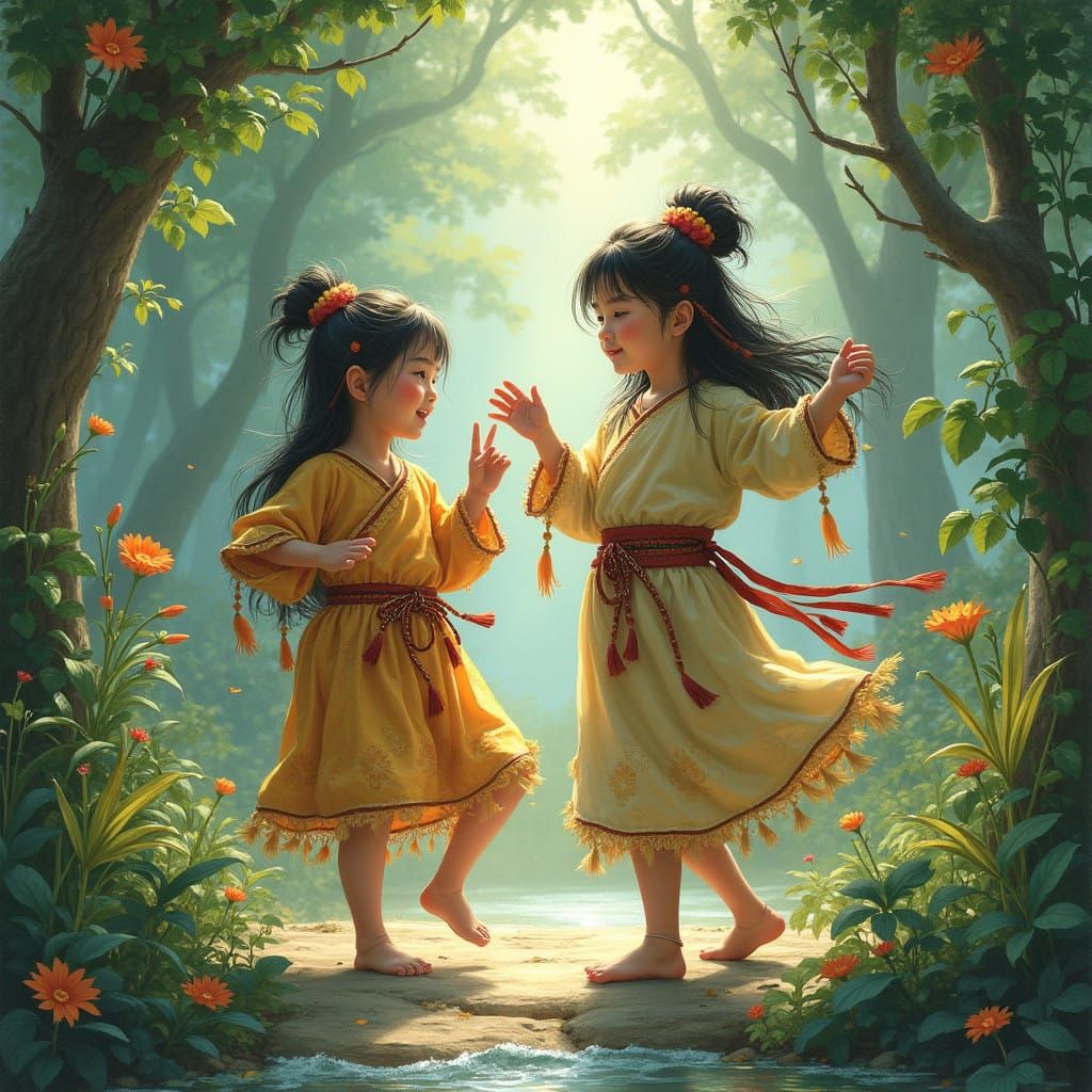 Children of the Rainforest in Traditional Chinese Ink Style