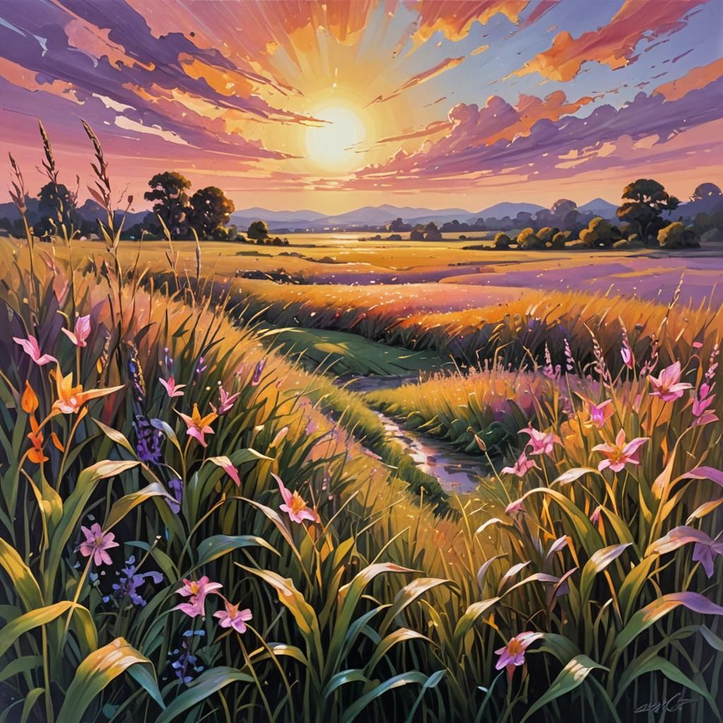 Golden Sunrise Over Fantasy Landscape as Oil Painting