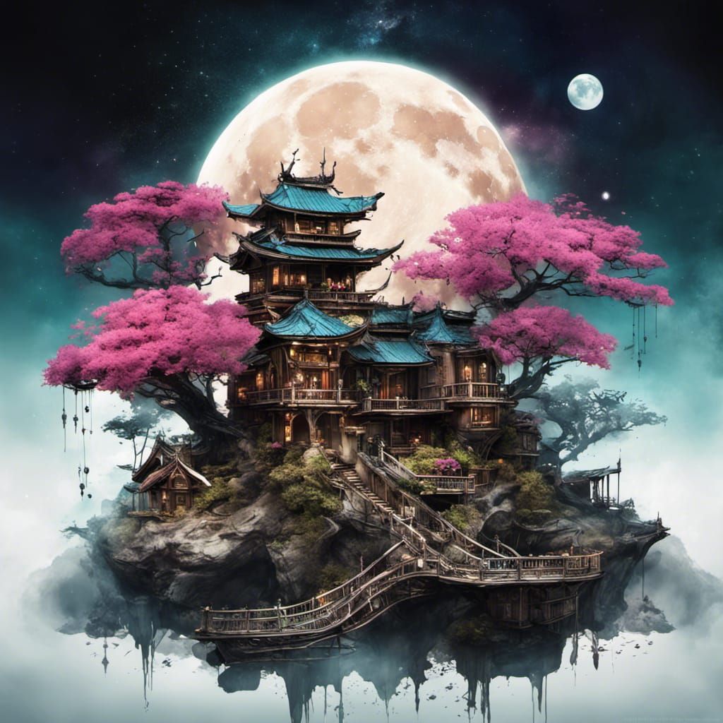 Flowering Bonsai Mansion Village in Steampunk Fantasy Style