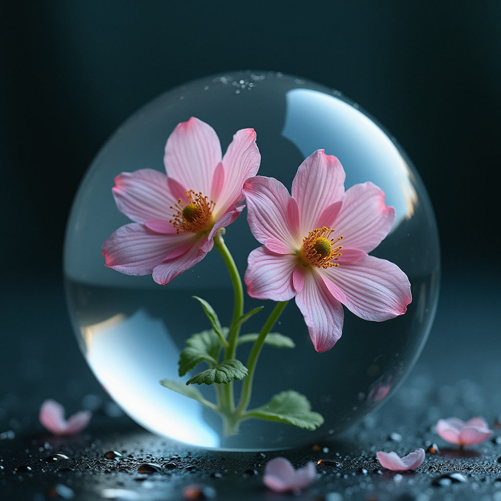 Pink Flowers Encased in Water Droplet: Macro View