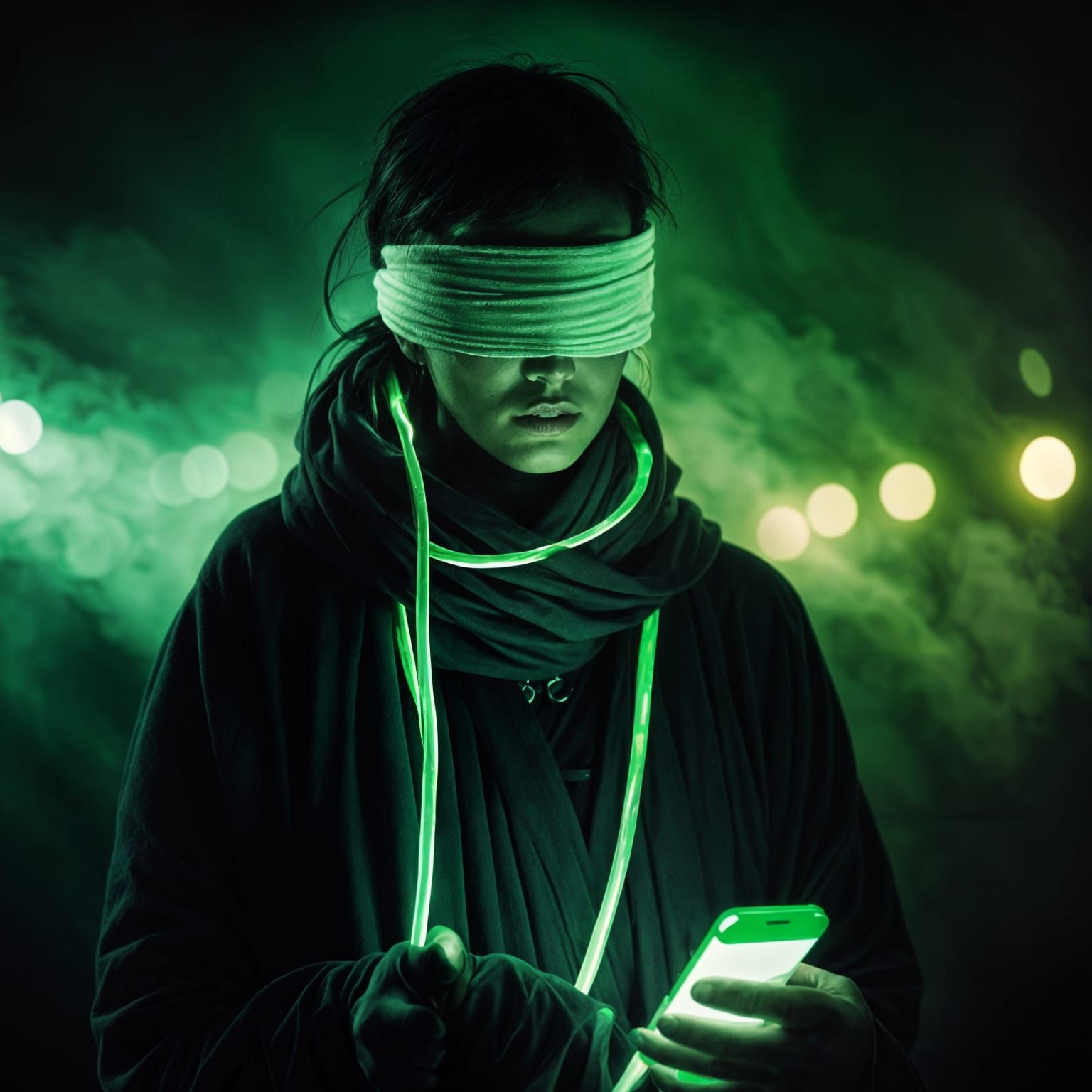 Woman Blindfolded by Technology in Ominous Setting