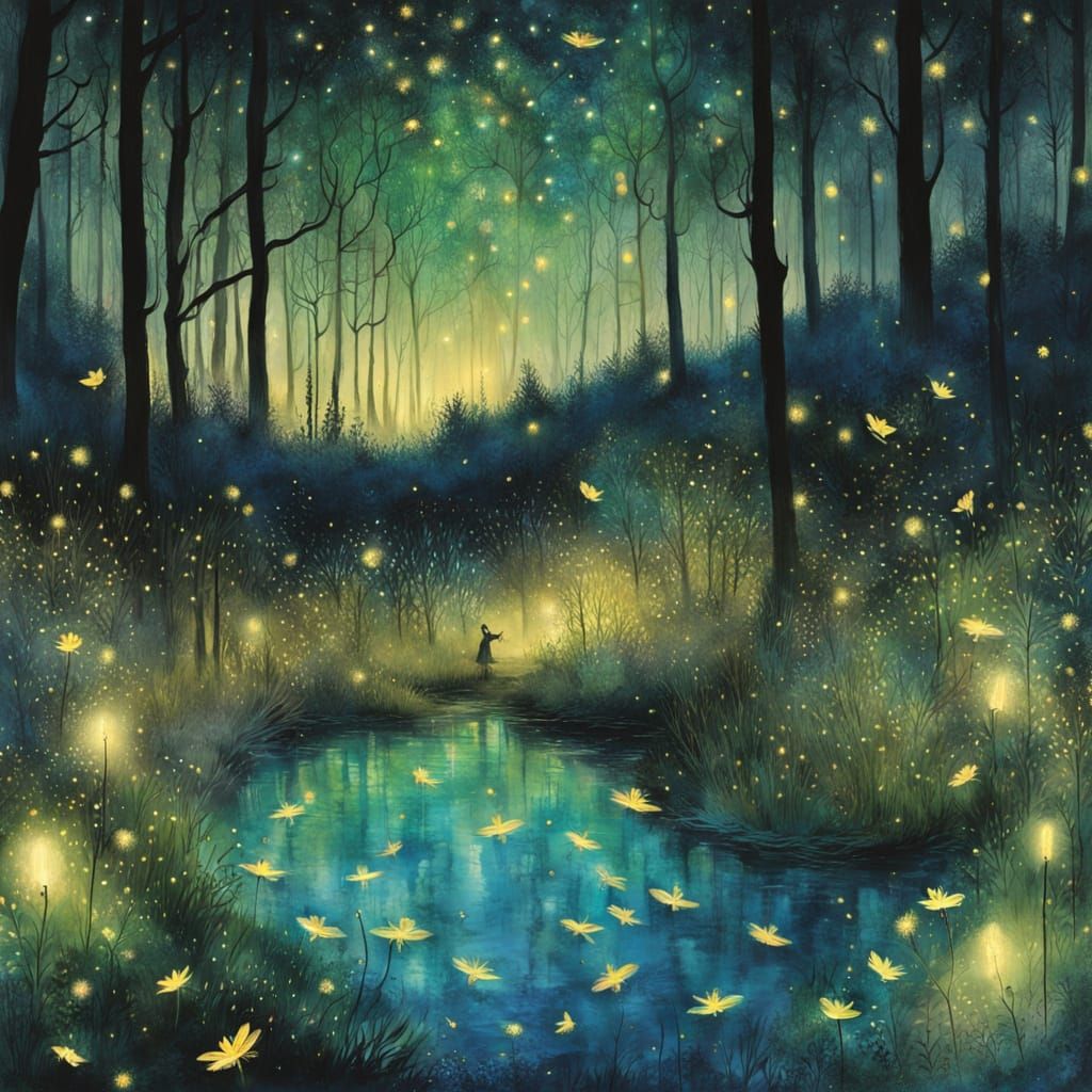 Whimsical Nocturnal Forest Scene in Vibrant Colors