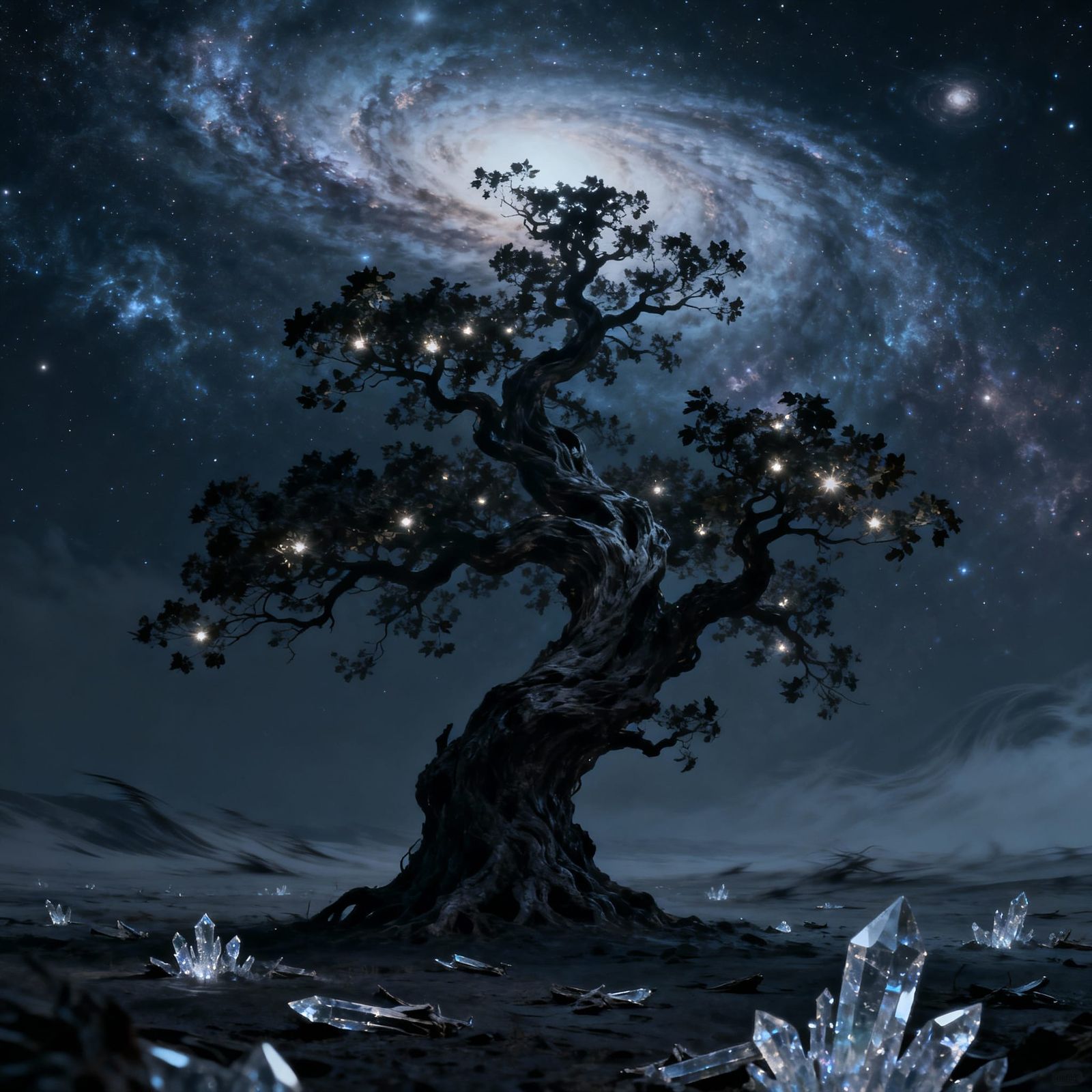 Ancient Tree Under Cosmic Sky, Hyperrealistic Fantasy Art