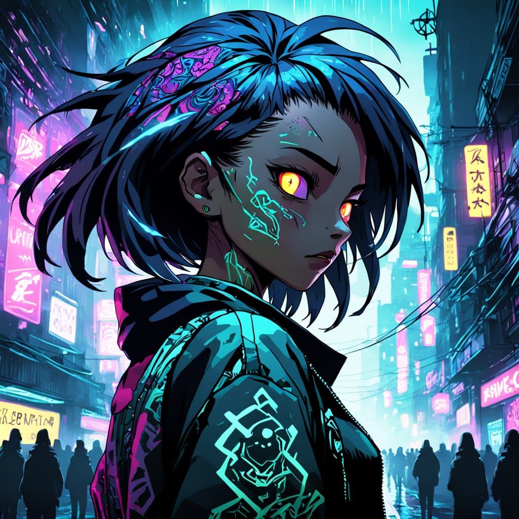 Mysterious Woman Stares Down at City Pavement in Dark, Neon-...