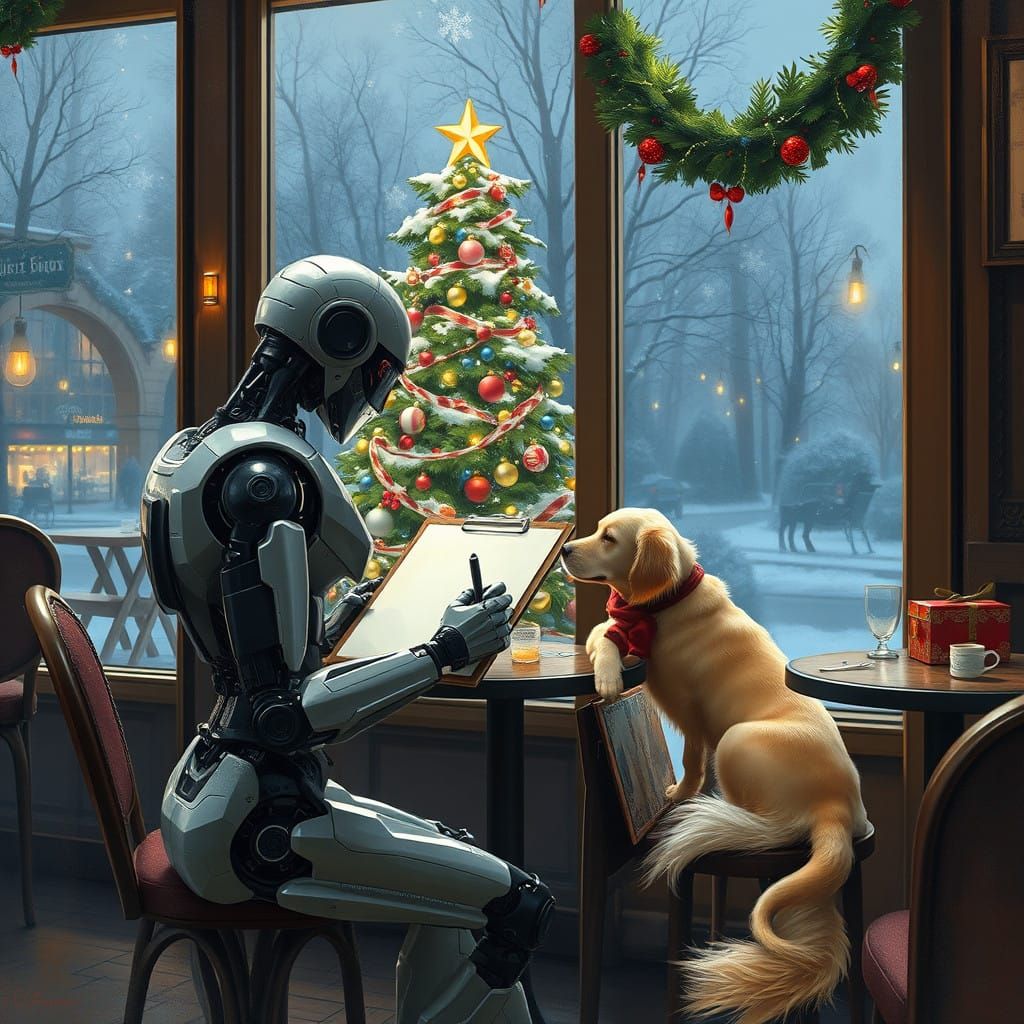 An Ai robot stti g at a quit corner of a bistro sketching an image of the Christmas tree outside and the beautiful golde...