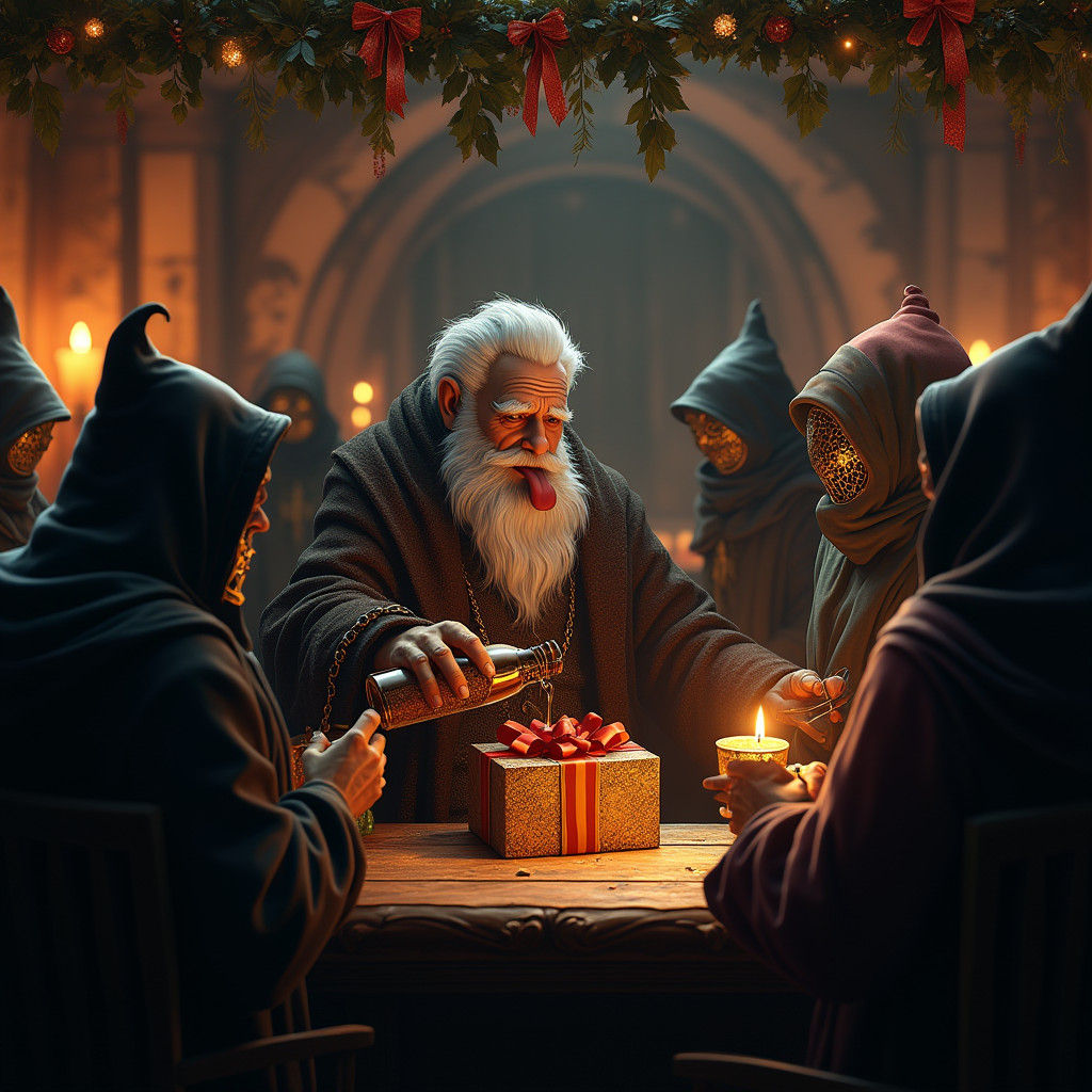 Mystical Tavern Scene with Bartender Pouring Wine