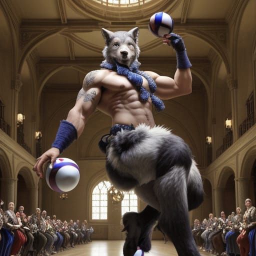 Renaissance Wolf Jester Masterfully Juggles in Grand Hall