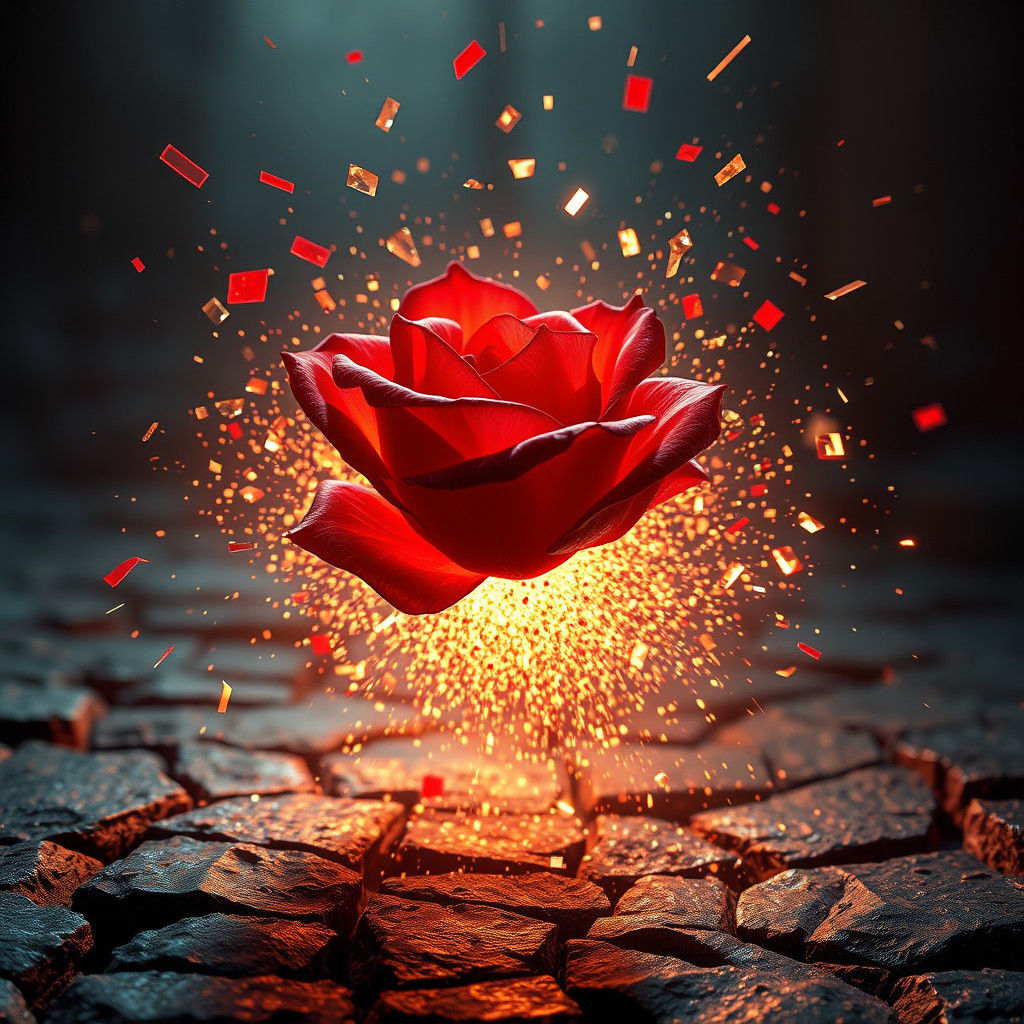 Rose Shattering on Stone Floor in High-Fantasy Style