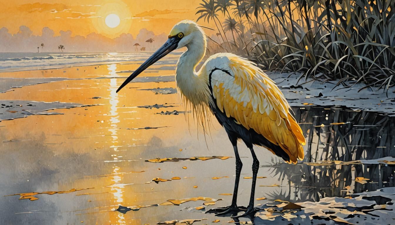 Golden Morning: Spoonbill in Siesta Key, Ink Splash Art