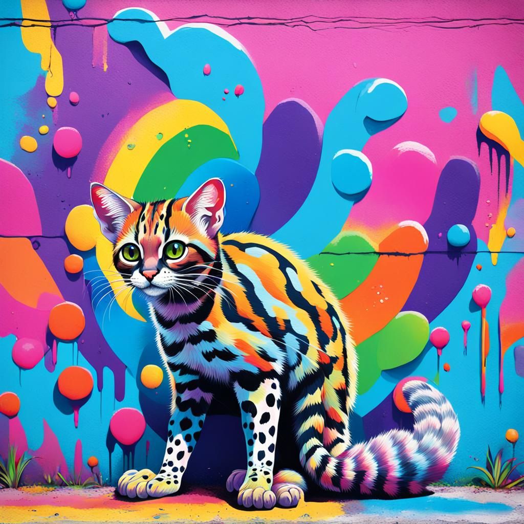 Vibrant Street Art Margay with Rainbow Spots and Dynamic Lig...
