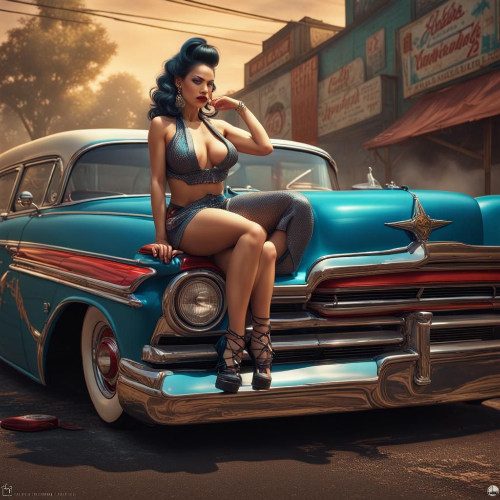 Hyperrealistic Lowrider Pinup Girl in Detailed Matte Paintin...