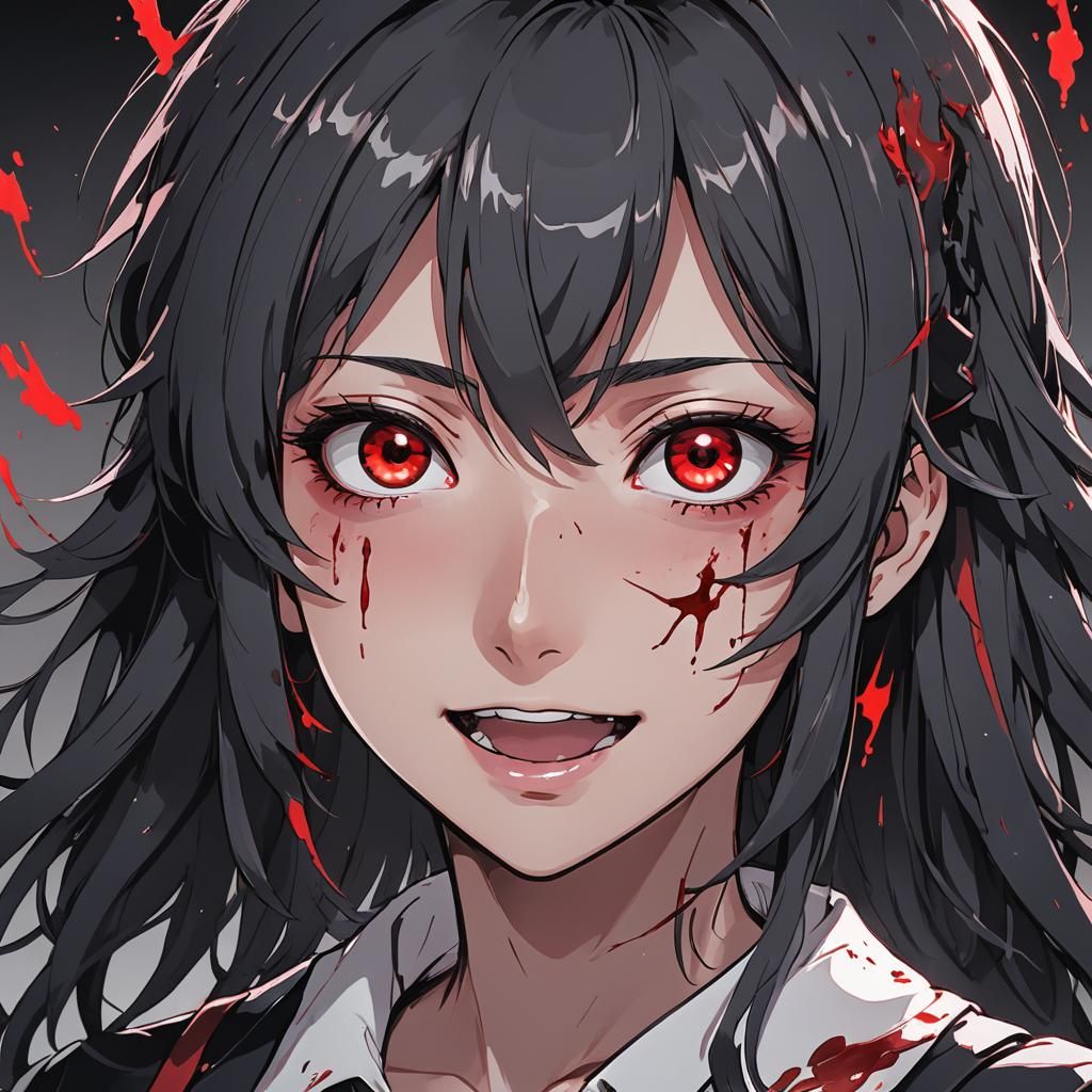 Yandere Anime Character with Red Eyes in Manga Style