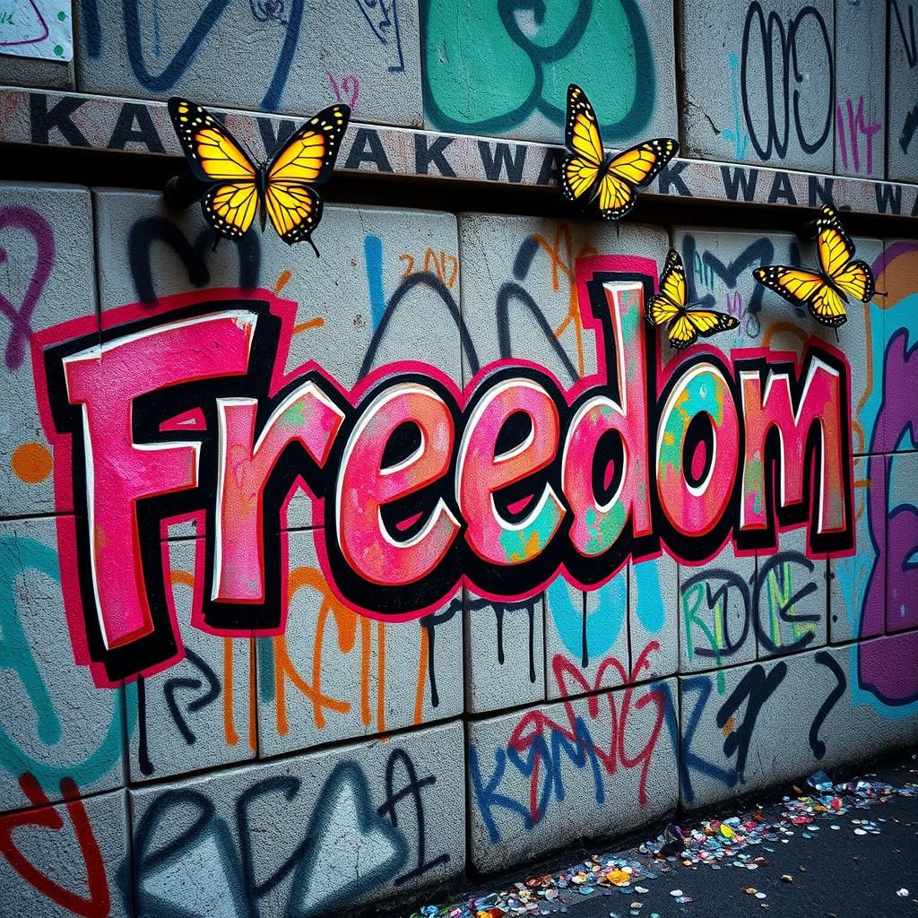 Graffiti Freedom Wall with Butterflies in Street Art Style