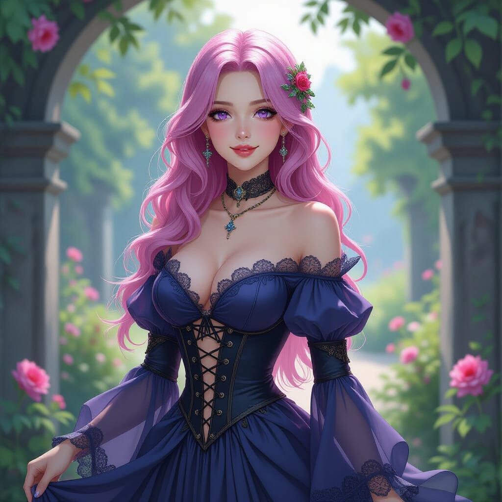 Gothic Garden Portrait of Pink Haired Woman