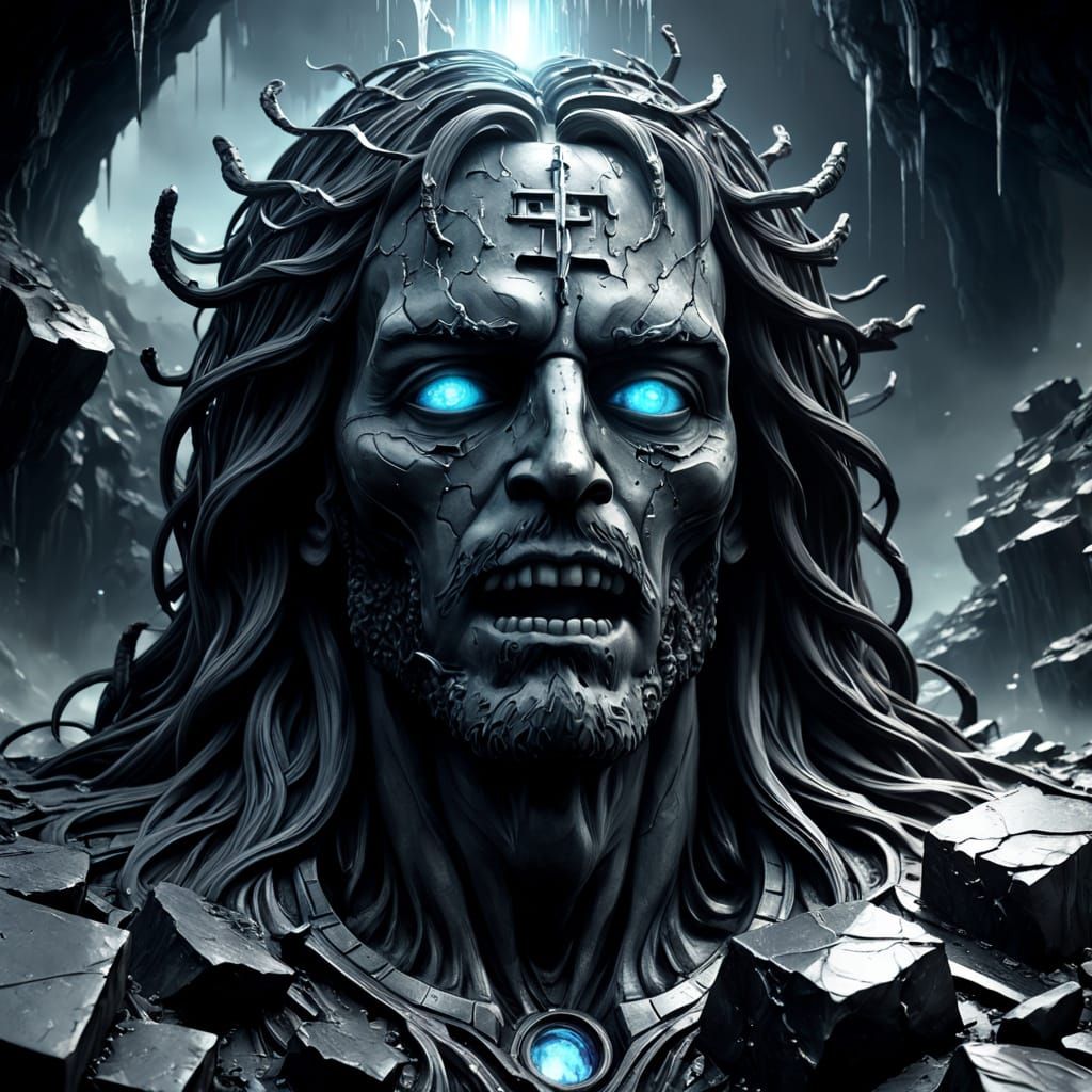 Surreal Hyperrealistic Jesus Emerges from Obsidian Island