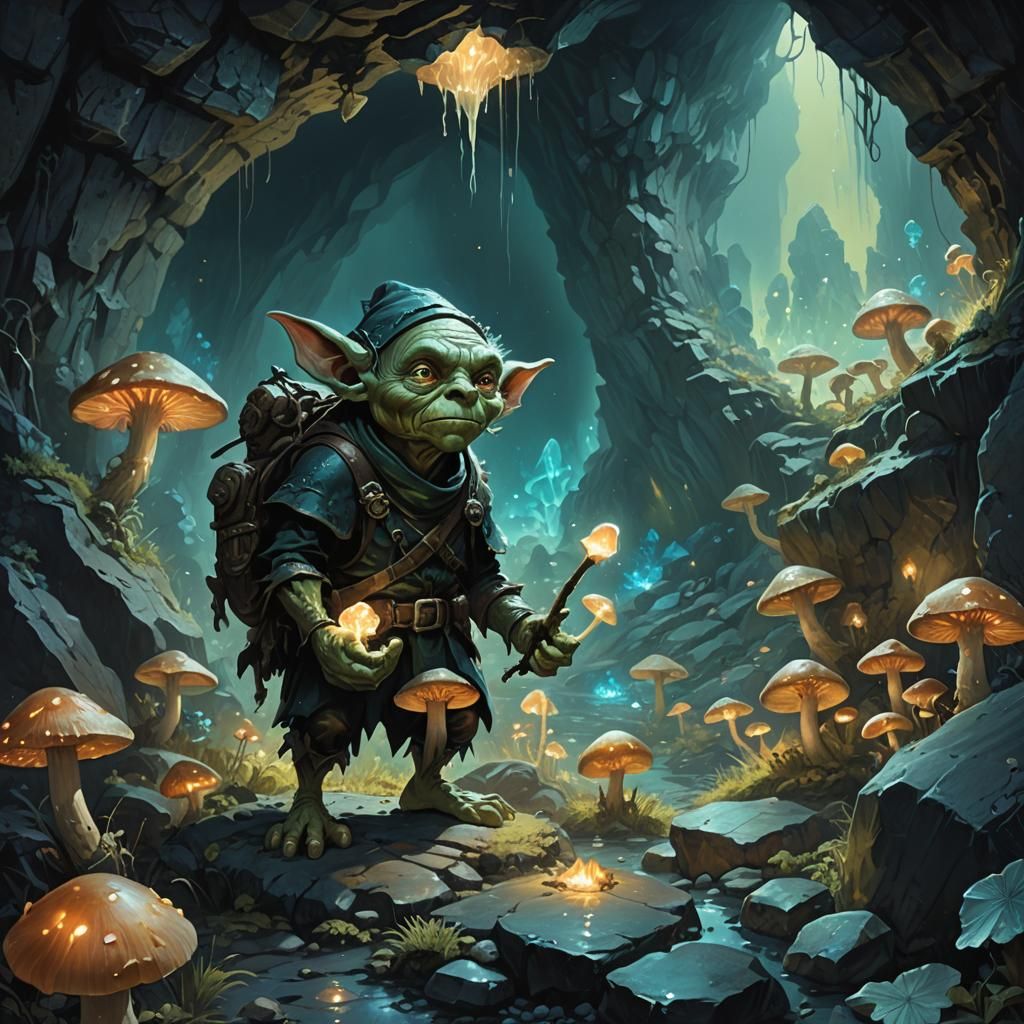 Dark Fantasy Goblin Illuminated by Glowing Mushrooms in a Ca...