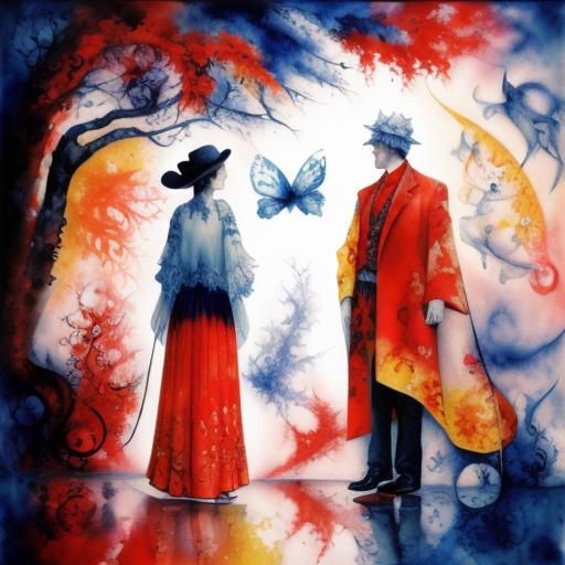 Surreal Fractal Watercolor Landscape with Golden Outlines