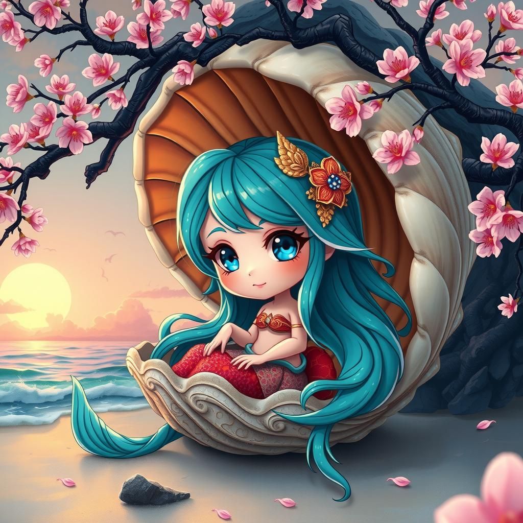 Chibi Mermaid Princess in Shell at Sunset