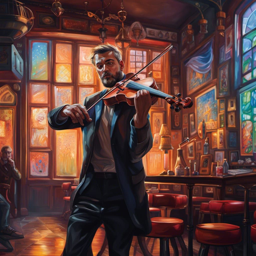 Violinist in Irish Pub: Hyperrealistic Splash Art