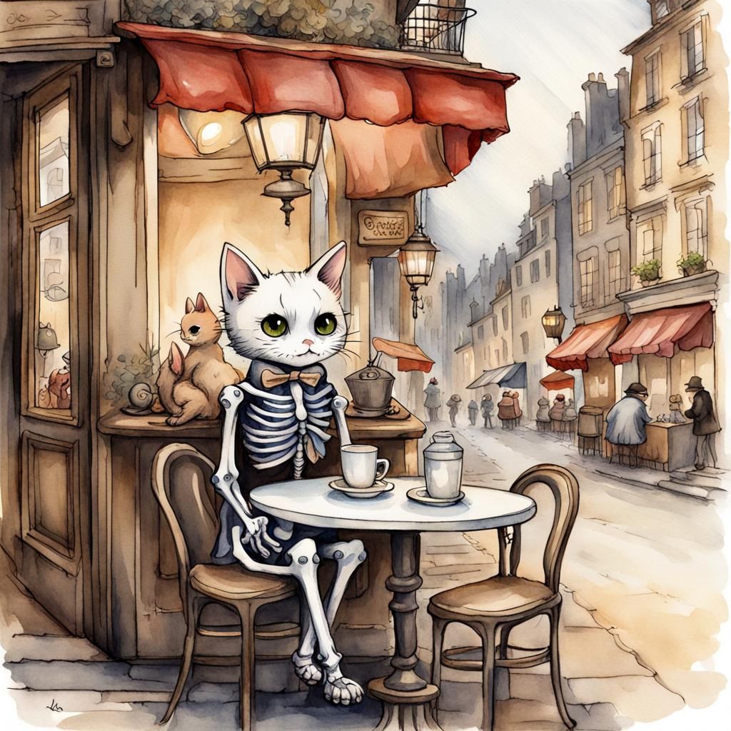 Chibi Skeleton Cat at Café: Ink and Watercolour