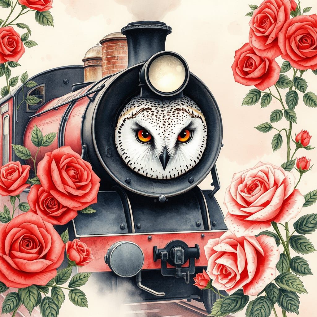 Victorian Owl Train in Watercolor Style