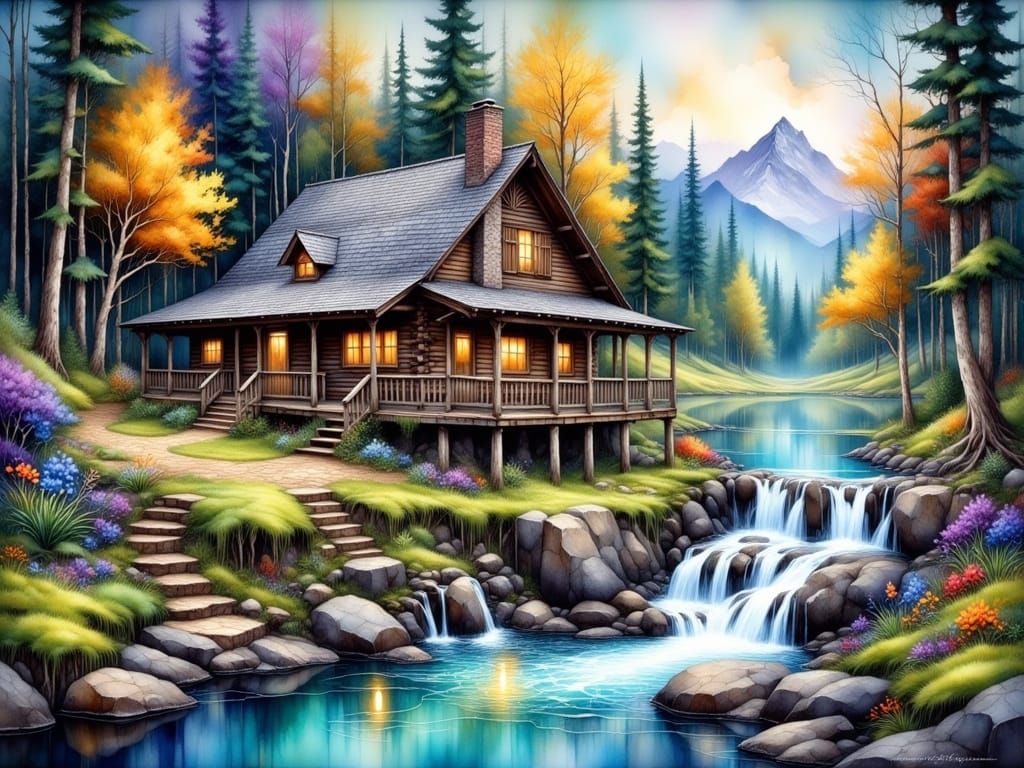 Whimsical Watercolor Log Cabin in an Ethereal Forest