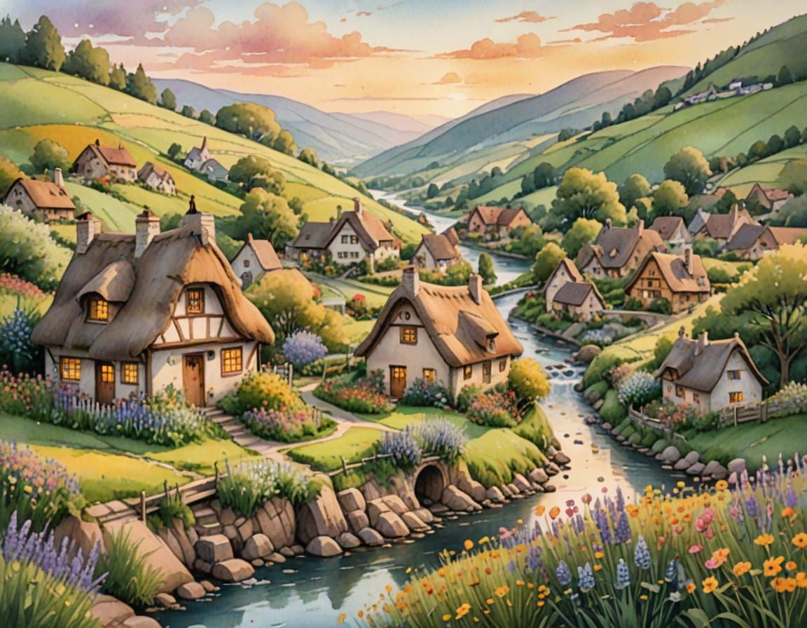 Idyllic Storybook Village in Watercolor Sunset