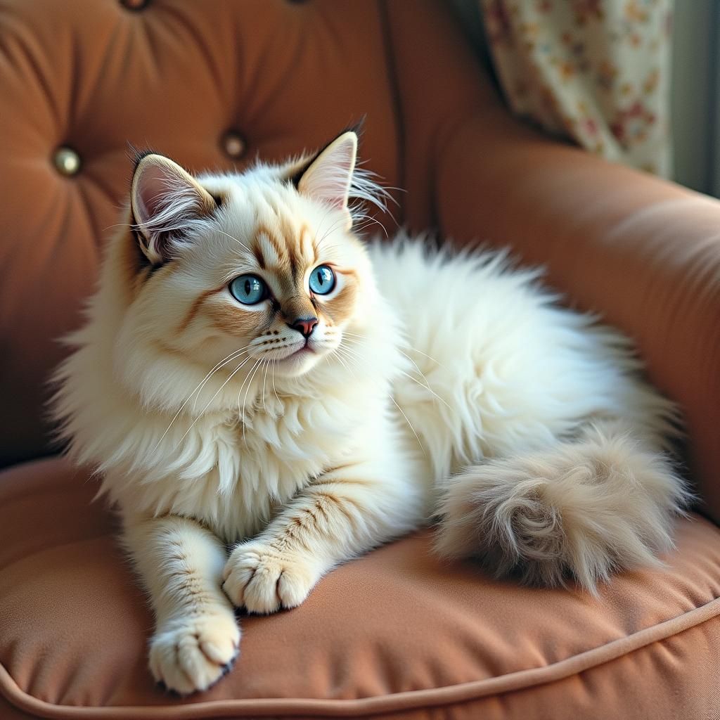Dreamy Persian Cat on Velvet Sofa, Watercolor Painting