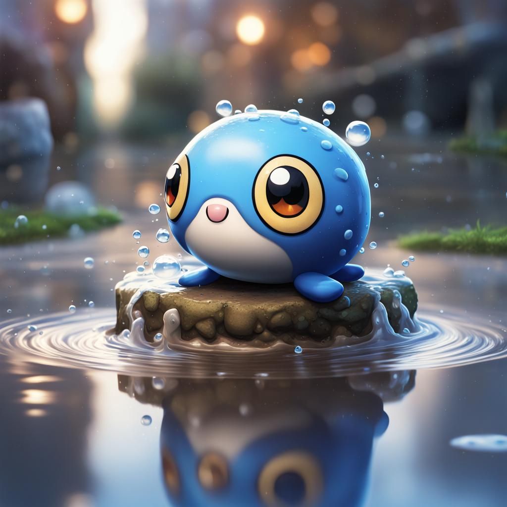 Hyperrealistic Poliwag in Puddle: Anime Concept Art