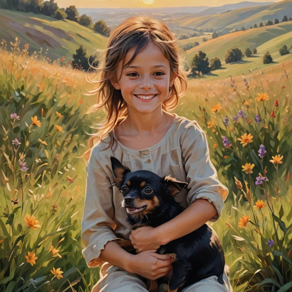 Happy Child with Chihuahua in Vibrant Oil Painting